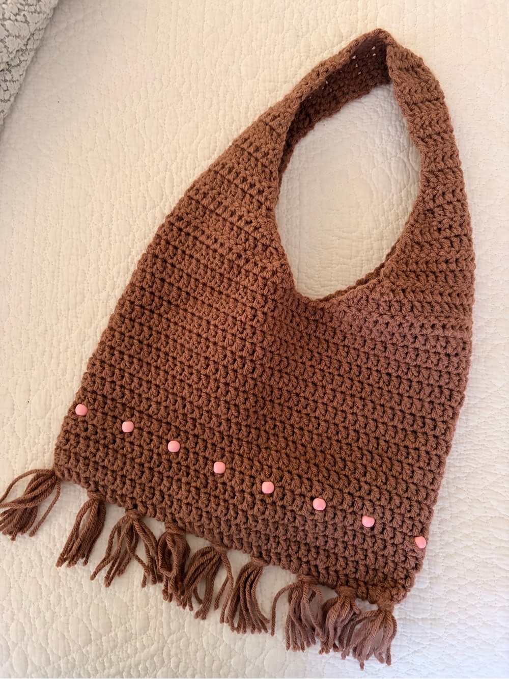 Handmade Chocolate Brown Crochet Fringe Tote Bag with Pink Bead Detail